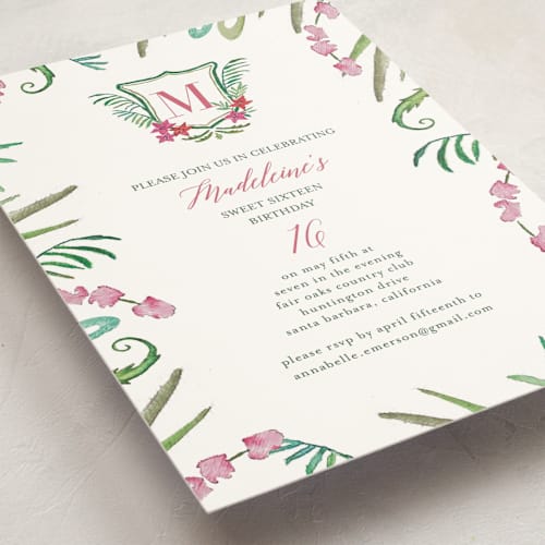 This is a fuschia sweet sixteen birthday party invitations with standard by Hallie Fischer called tropical crest printing on signature in standard