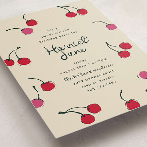 This is a tomato sweet sixteen birthday party invitations with standard by Kelly Watkins called cherries printing on signature in standard