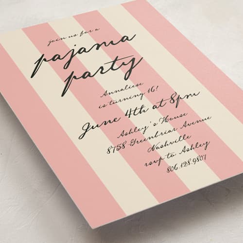 This is a bubblegum sweet sixteen birthday party invitations with standard by Kamala Nahas called pajama party printing on signature in standard