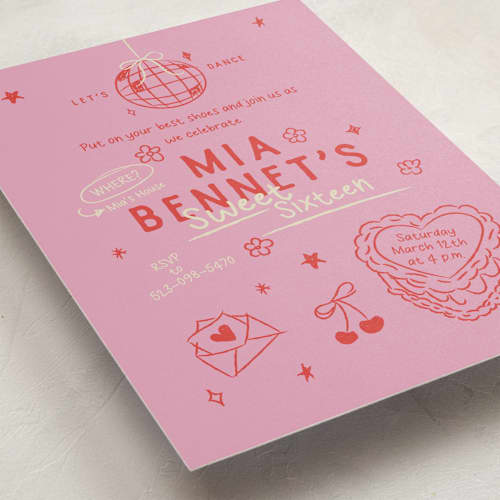 This is a pretty in pink sweet sixteen birthday party invitations with standard by Helena Vitto called dancing queen printing on signature in standard