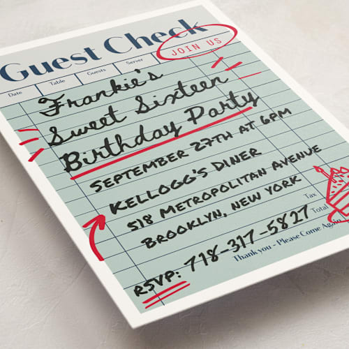 This is a mint sweet sixteen birthday party invitations with standard by Jennifer Lew called guest check printing on signature in standard