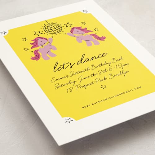 This is a electric sweet sixteen birthday party invitations with standard by mo kelley called let’s dance printing on signature in standard