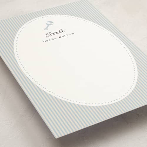 This is a bluebell personalized stationery thank you cards with standard by Benita Crandall called hochet printing on signature in 5x7