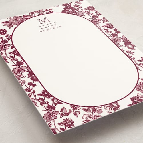 This is a mulberry personalized stationery thank you cards with standard by Jenna Holcomb called toile printing on signature in 5x7