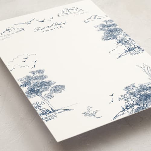 This is a lake personalized stationery thank you cards with standard by Lucrecia Caporale called lake side toile printing on signature in 5x7