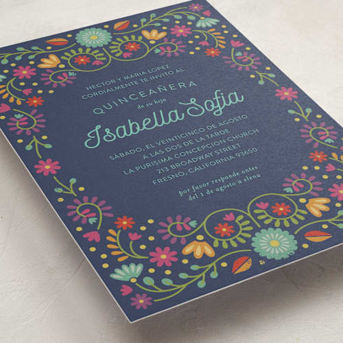 This is a navy sweet sixteen birthday party invitations with standard by Laura Hankins called fiesta floral printing on signature in standard