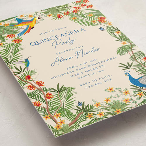 This is a champagne sweet sixteen birthday party invitations with standard by Sherley Ferreira called tropical party printing on signature in standard