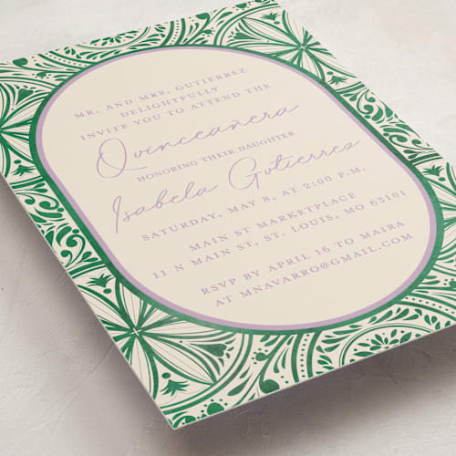 This is a viridian sweet sixteen birthday party invitations with standard by The Savage Label called papel picado printing on signature in standard