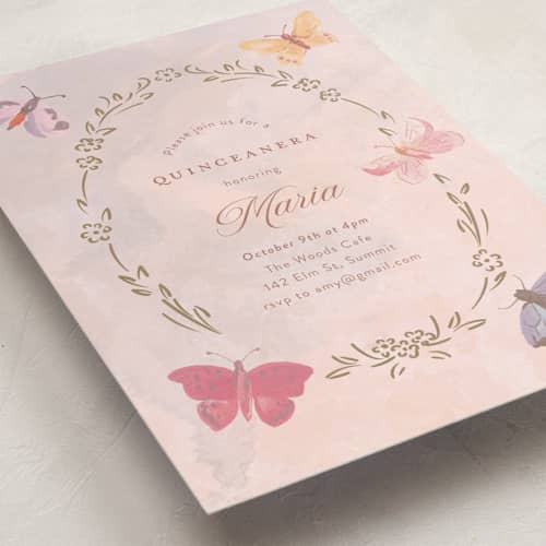This is a petal sweet sixteen birthday party invitations with standard by Teju Reval called dreamy butterflies printing on signature in standard