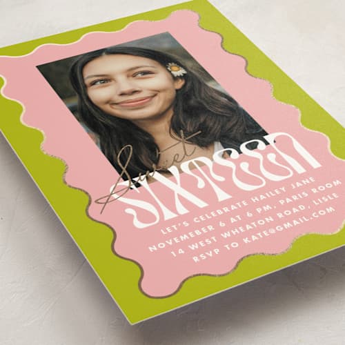 This is a key lime sweet sixteen birthday party invitations with foil pressed by Baumbirdy called wavy frame printing on signature in standard
