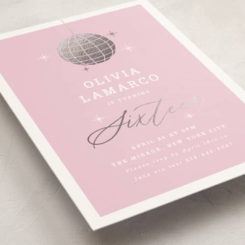 This is a blush sweet sixteen birthday party invitations with foil pressed by Yolanda Mariak Chendak called discotheque printing on signature in standard