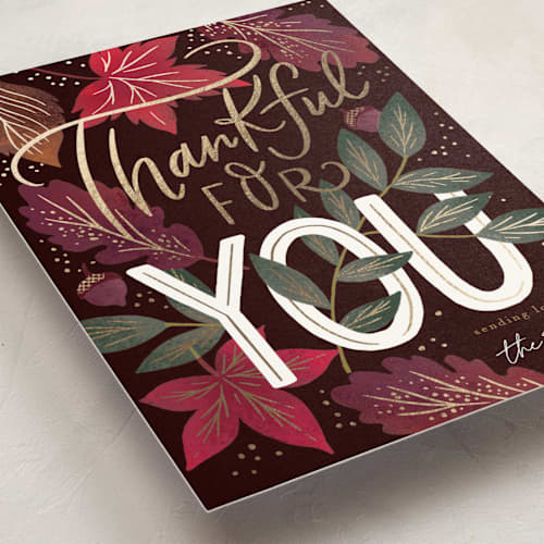 This is a honeycrisp thanksgiving cards invitations with foil pressed by Alethea and Ruth called thankful for you printing on signature in standard