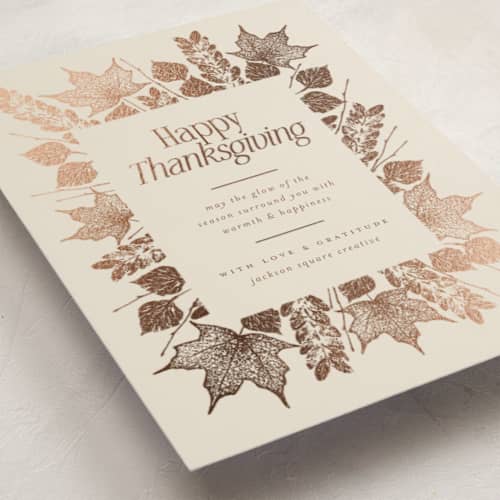 This is a vanilla thanksgiving cards invitations with foil pressed by Heather Schertzer called autumn glow printing on signature in standard