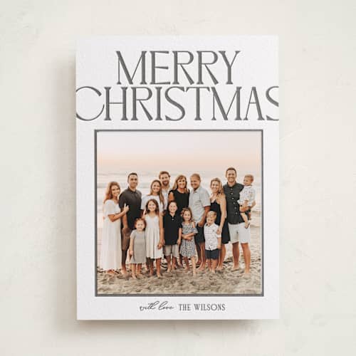 This is a soft black photo mount holiday cards with letterpress by Owl and Toad called chic type printing on white cotton in photo_mount