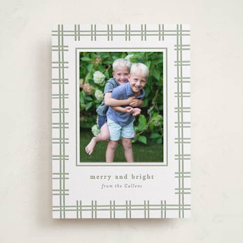 This is a olive photo mount holiday cards with letterpress by Sara Hicks Malone called plaid groove printing on white cotton in photo_mount