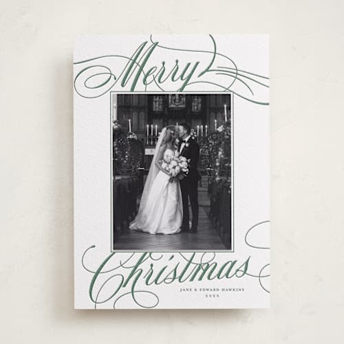 This is a evergreen photo mount holiday cards with letterpress by Alston Foster called classic merry printing on white cotton in photo_mount