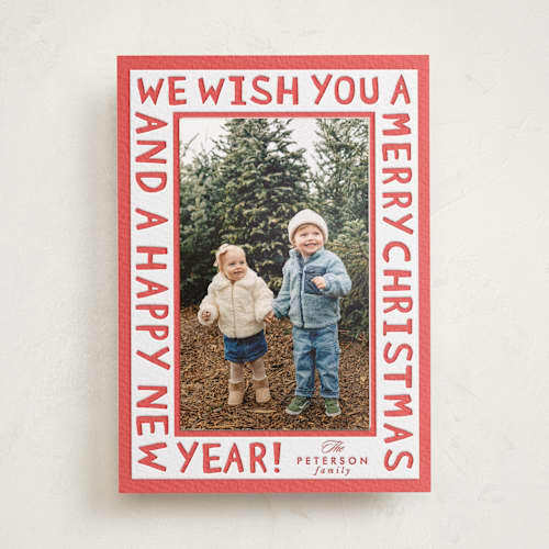 This is a ruby photo mount holiday cards with letterpress by Karidy Walker called merry block print printing on white cotton in photo_mount
