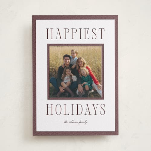 This is a clove photo mount holiday cards with letterpress by Wildfield Paper Co called happiest! printing on white cotton in photo_mount