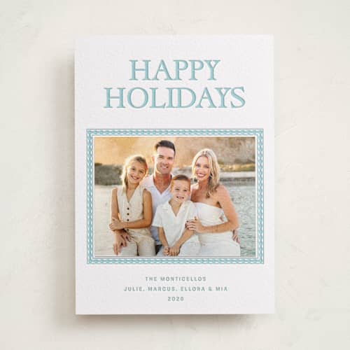 This is a robin's egg photo mount holiday cards with letterpress by Pati Cascino called silla printing on white cotton in photo_mount
