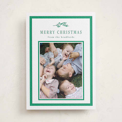 This is a racing green photo mount holiday cards with letterpress by Amy Kross called glen printing on white cotton in photo_mount