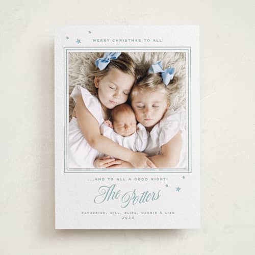 This is a robin's egg photo mount holiday cards with letterpress by Alston Foster called holiday wonder printing on white cotton in photo_mount