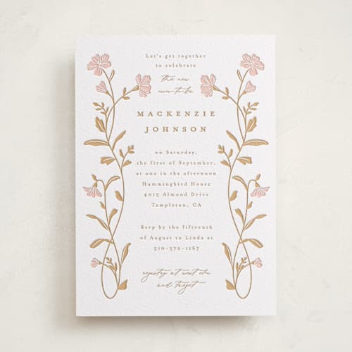 This is a peony | saffron baby shower invitations with letterpress by Everett Paper Goods called mirror floral printing on white cotton in standard
