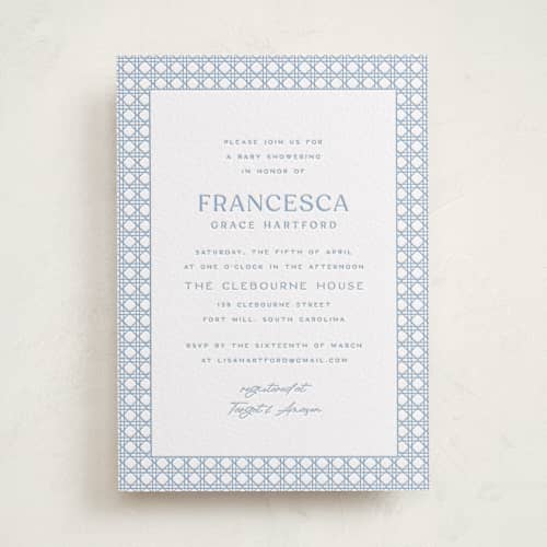 This is a smoke | olive baby shower invitations with letterpress by Ellen Schlegelmilch called delicate rattan printing on white cotton in standard