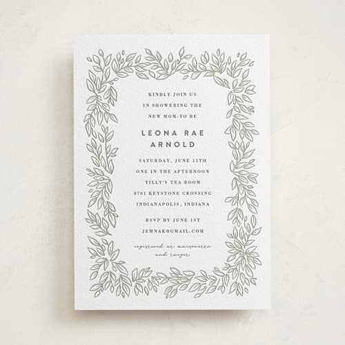 This is a graphite | olive baby shower invitations with letterpress by Jessie Steury called lovely leaves printing on white cotton in standard