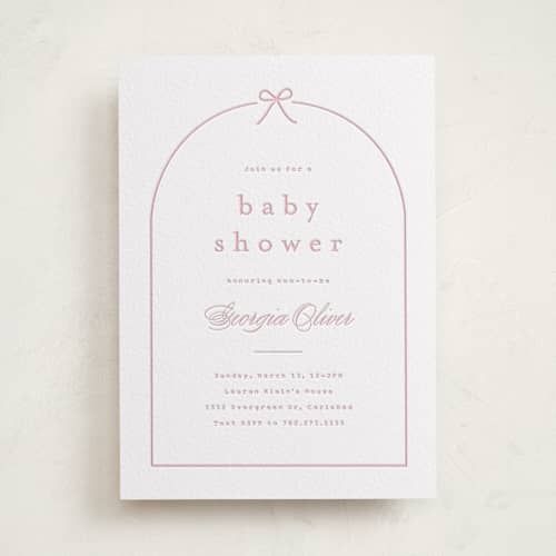 This is a peony baby shower invitations with letterpress by Carolyn MacLaren called arching bow printing on white cotton in standard