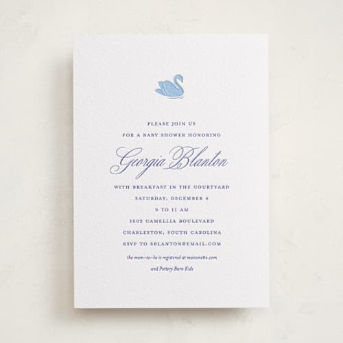 This is a mediterranean | robin's egg baby shower invitations with letterpress by Megan Davis called swan shower printing on white cotton in standard