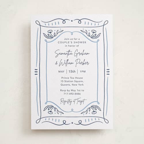 This is a robin's egg | blueberry baby shower invitations with letterpress by Elly called sketch printing on white cotton in standard