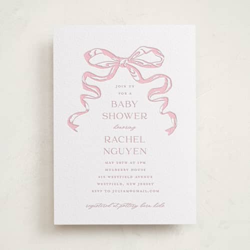 This is a smoke | peony baby shower invitations with letterpress by Teju Reval called big bow printing on white cotton in standard