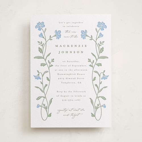 This is a robin's egg | olive baby shower invitations with letterpress by Everett Paper Goods called mirror floral printing on white cotton in standard