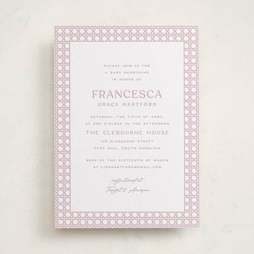 This is a smoke | peony baby shower invitations with letterpress by Ellen Schlegelmilch called delicate rattan printing on white cotton in standard