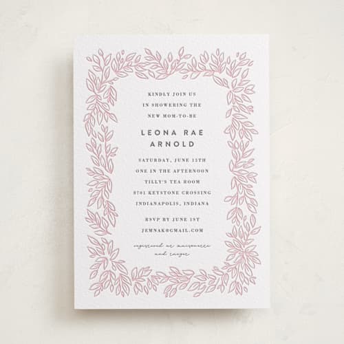 This is a graphite | peony baby shower invitations with letterpress by Jessie Steury called lovely leaves printing on white cotton in standard