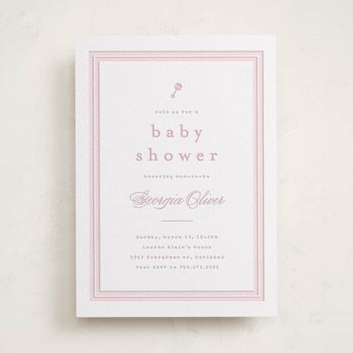 This is a peony baby shower invitations with letterpress by Carolyn MacLaren called classic start printing on white cotton in standard