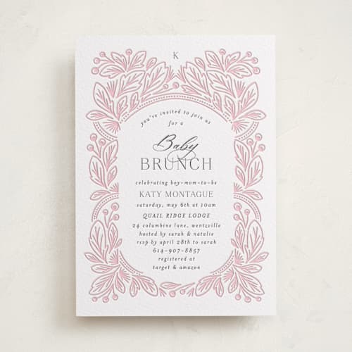 This is a lavender | graphite baby shower invitations with letterpress by Jen Owens called arch printing on white cotton in standard