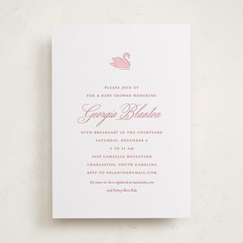 This is a currant | peony baby shower invitations with letterpress by Megan Davis called swan shower printing on white cotton in standard