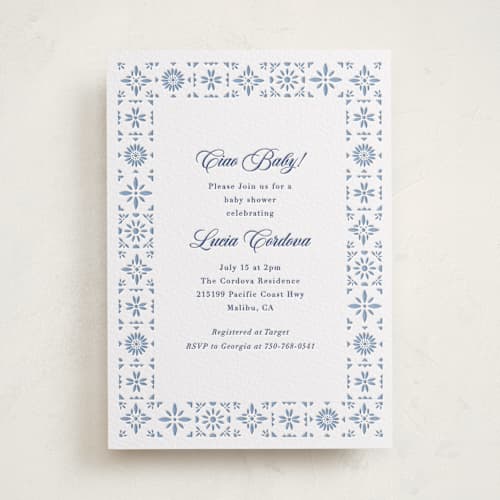 This is a lapis baby shower invitations with letterpress by Olivia Raufman called talavera tiles printing on white cotton in standard