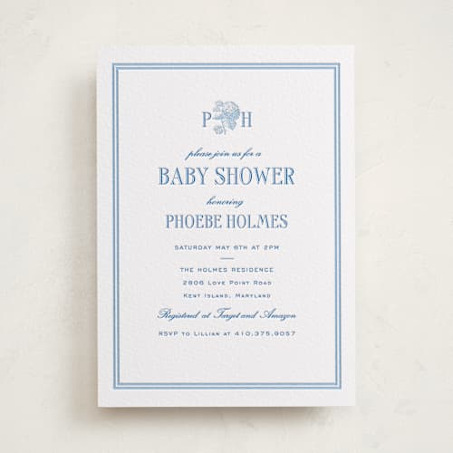 This is a robin's egg | marine blue baby shower invitations with letterpress by Megan Davis called cheseapeake printing on white cotton in standard