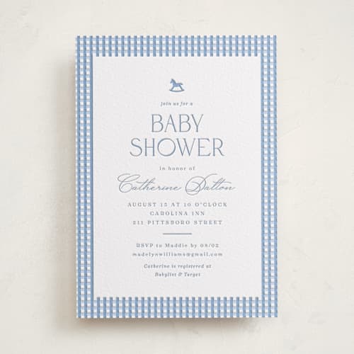 This is a robin's egg baby shower invitations with letterpress by Olivia Raufman called gingham rockinghorse printing on white cotton in standard