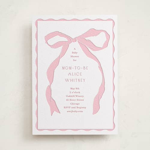 This is a peony baby shower invitations with letterpress by Baumbirdy called framed bow printing on white cotton in standard