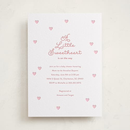 This is a peony baby shower invitations with letterpress by Angela Garrick called little sweetheart printing on white cotton in standard