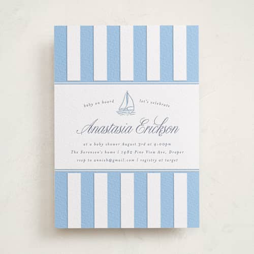 This is a robin's egg | lapis baby shower invitations with letterpress by Stephanie Hawkes called on board printing on white cotton in standard
