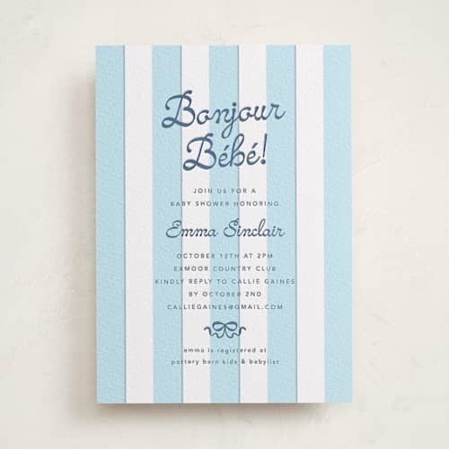 This is a blueberry | lichen baby shower invitations with letterpress by Olivia Raufman called mariniere printing on white cotton in standard