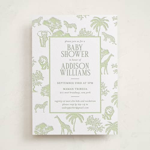 This is a olive | matcha baby shower invitations with letterpress by Jenna Holcomb called safari toile printing on white cotton in standard