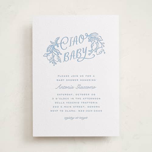 This is a robin's egg baby shower invitations with letterpress by Pati Cascino called ciao baby printing on white cotton in standard