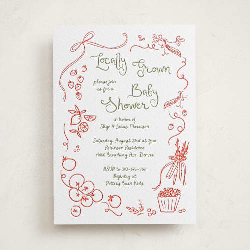 This is a olive | verona sunset baby shower invitations with letterpress by Jenna Holcomb called locally grown sketch printing on white cotton in standard