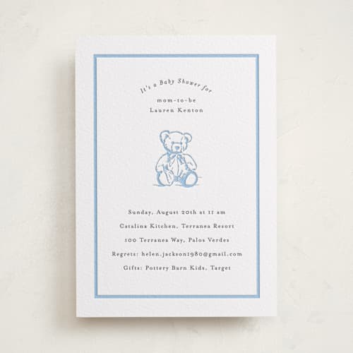 This is a robin's egg | soft black baby shower invitations with letterpress by Becky Nimoy called antique teddy bear printing on white cotton in standard