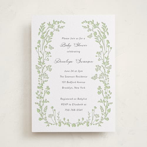 This is a matcha | soft black baby shower invitations with letterpress by Susan Moyal called flower garden printing on white cotton in standard